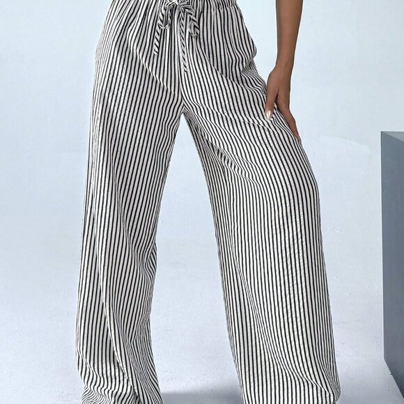 Black And White Casual Women's Striped & Printed Long Pants - Picture 5 of 5